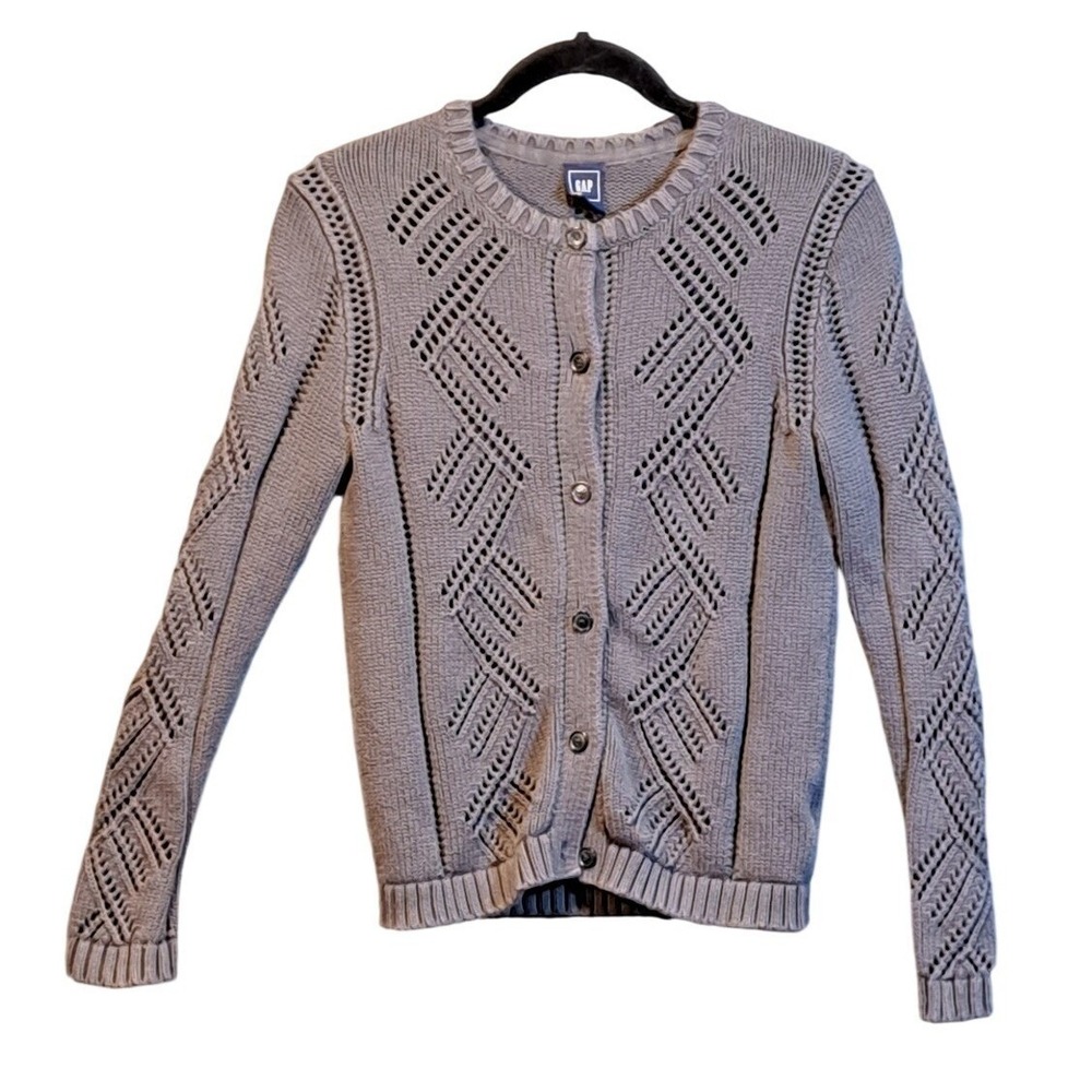 Gap Womens Grey Cotton Pointelle Knit Diamond Button Front Cardigan Sweater M